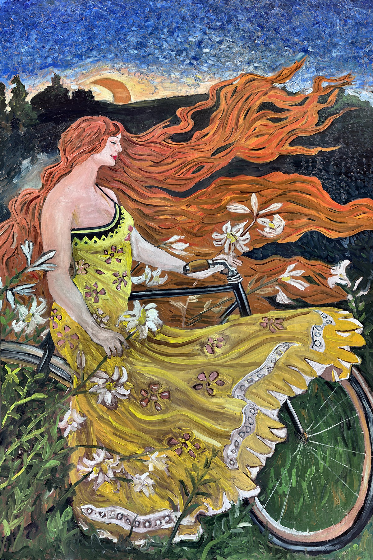 Crescent Moon Overlooking a Field of Flowers